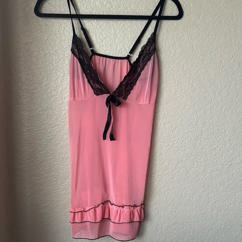 Women's pink sheer ruffle trim Lingerie Sexy Coquette Femme Gown S Medium